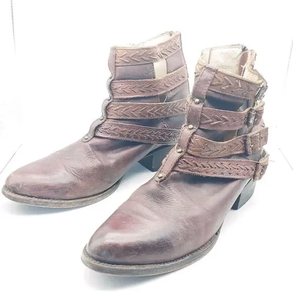 Freebird Women's Almond Toe Braided Buckled Straps Brown Leather Ankle Boots 10 - Picture 3 of 11